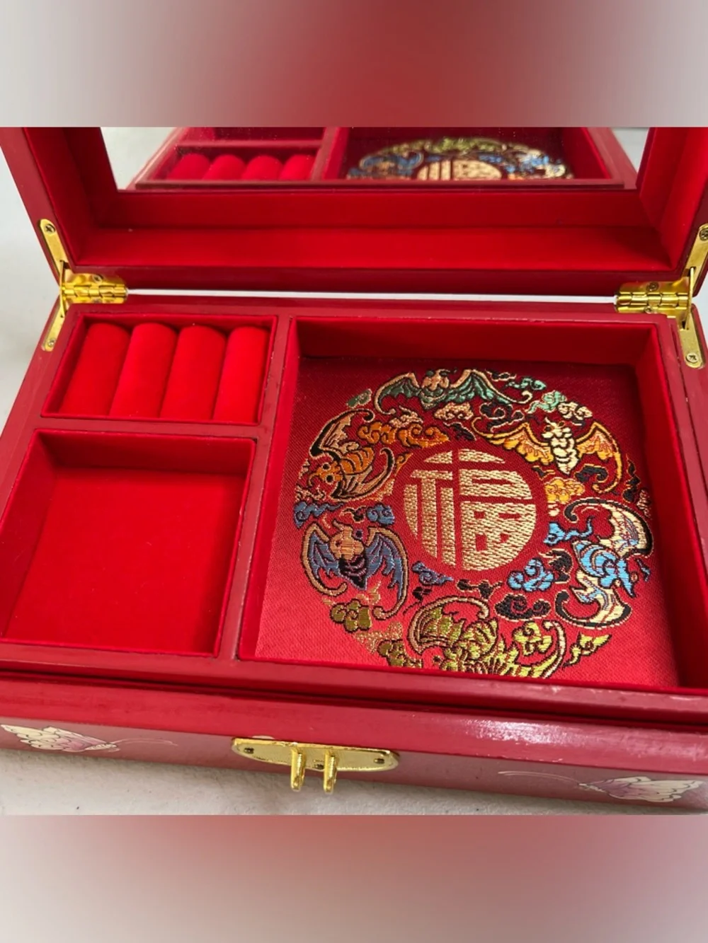 Red Vintage Wooden Jewelry Storage Box with Hand-Painted Floral Design